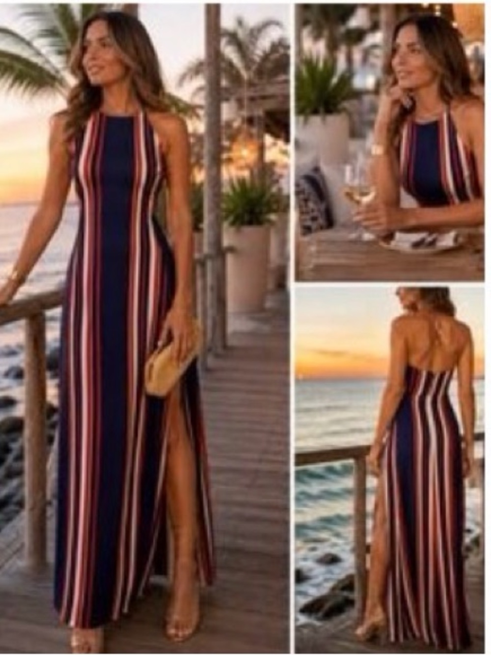 Guess Striped Navy Halter Maxi Dress - Navy, Red & Cream